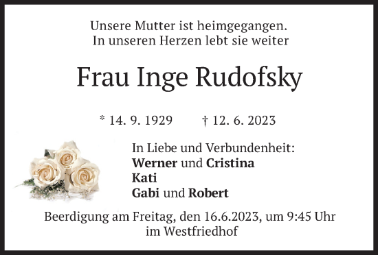 Todesanzeige von Inge Rudofsky von merkurtz