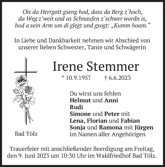 Todesanzeige von Irene Stemmer von merkurtz