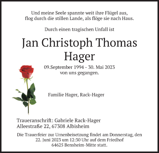 Todesanzeige von Jan Christoph Thomas Hager von merkurtz