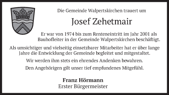 Todesanzeige von Josef Zehetmair von merkurtz