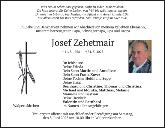 Todesanzeige von Josef Zehetmair von merkurtz