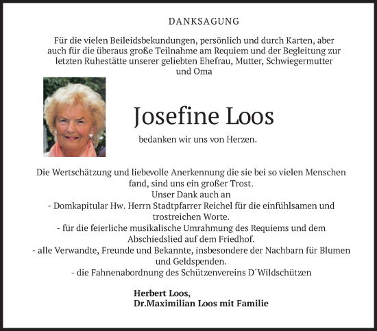 Todesanzeige von Josefine Loos von merkurtz