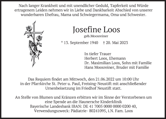 Todesanzeige von Josefine Loos von merkurtz