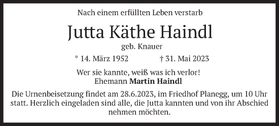 Todesanzeige von Jutta Käthe Haindl von merkurtz