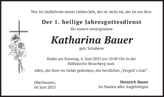 Todesanzeige von Katharina Bauer von merkurtz