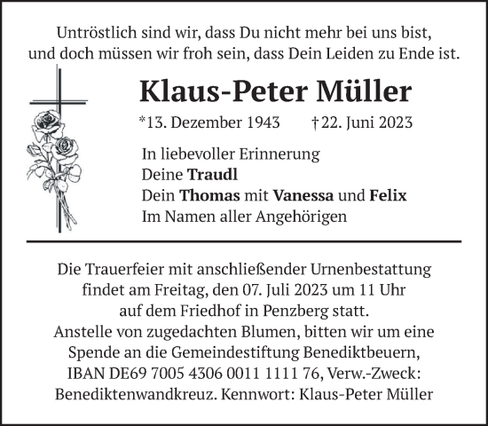 Todesanzeige von Klaus-Peter Müller von Das Gelbe Blatt Penzberg