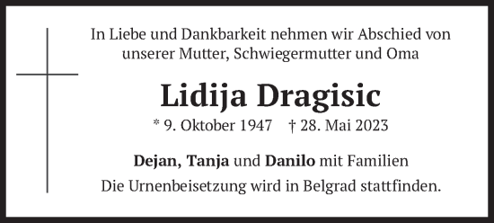 Todesanzeige von Lidija Dragisic von merkurtz