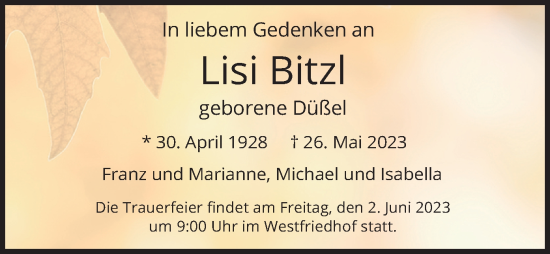 Todesanzeige von Lisi Bitzl von merkurtz