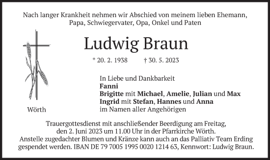 Todesanzeige von Ludwig Braun von merkurtz