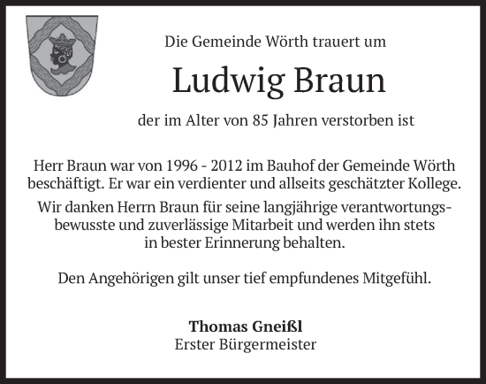 Todesanzeige von Ludwig Braun von merkurtz