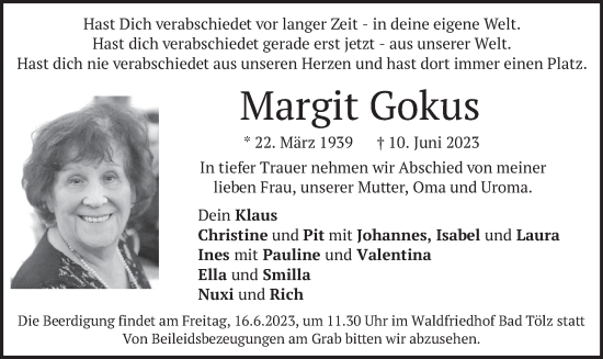 Todesanzeige von Margit Gokus von merkurtz