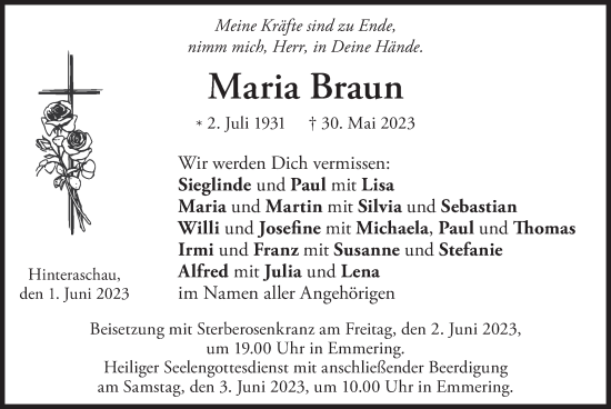 Todesanzeige von Maria Braun von merkurtz