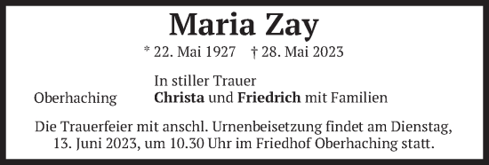 Todesanzeige von Maria Zay von merkurtz