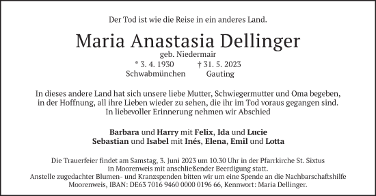 Todesanzeige von Maria Anastasia Dellinger von merkurtz