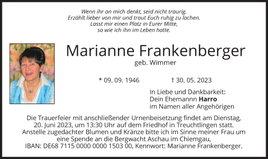 Todesanzeige von Marianne Frankenberger von merkurtz