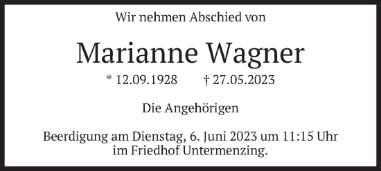 Todesanzeige von Marianne Wagner von merkurtz
