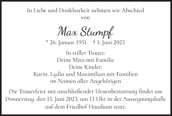Todesanzeige von Max Stumpf von merkurtz