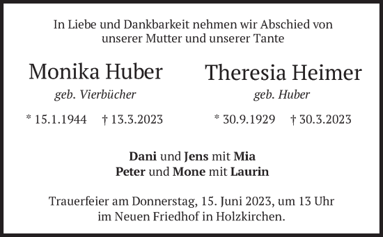 Todesanzeige von Monika und Theresia Huber und Heimer von merkurtz
