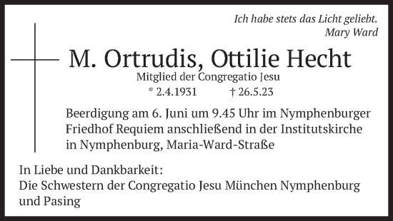 Todesanzeige von Ortrudis Ottilie Hecht von merkurtz