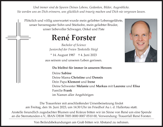 Todesanzeige von Rene Forster von merkurtz