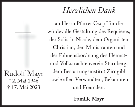 Todesanzeige von Rudolf Mayr von merkurtz