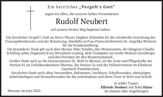 Todesanzeige von Rudolf Neubert von merkurtz