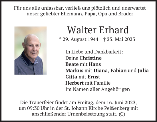 Todesanzeige von Walter Erhard von merkurtz