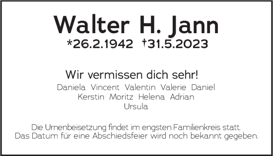 Todesanzeige von Walter  Jann von merkurtz