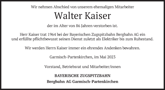 Todesanzeige von Walter Kaiser von merkurtz