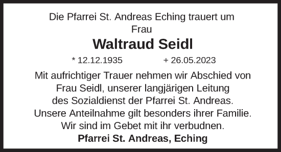 Todesanzeige von Waltraud Seidl von merkurtz
