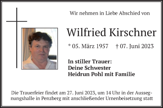 Todesanzeige von Wilfried Kirschner von merkurtz
