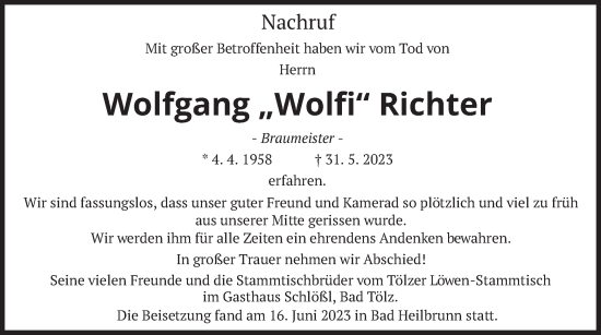 Todesanzeige von Wolfgang Richter von merkurtz