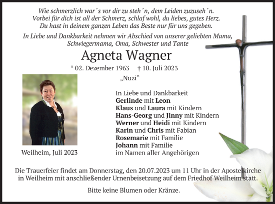 Todesanzeige von Agneta Wagner von merkurtz