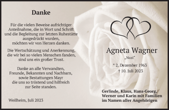 Todesanzeige von Agneta Wagner von merkurtz
