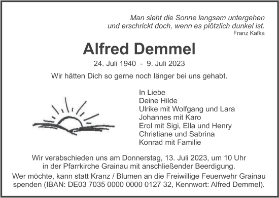 Todesanzeige von Alfred Demmel von merkurtz