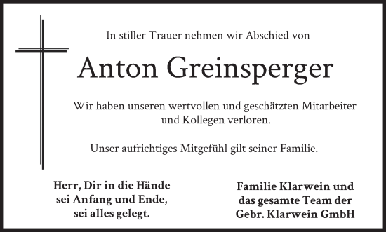 Todesanzeige von Anton Greinsperger von merkurtz