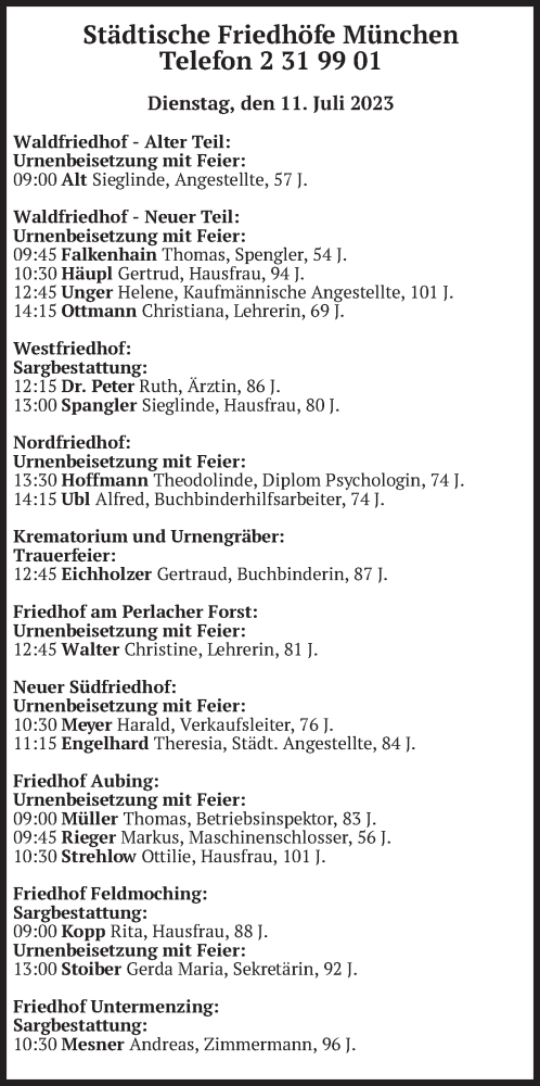 Todesanzeige von Bestattungen vom 11.07.2023 von merkurtz