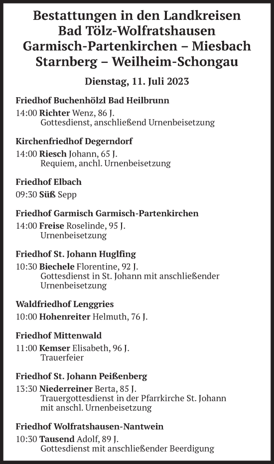 Todesanzeige von Bestattungen vom 11.07.2023 von merkurtz