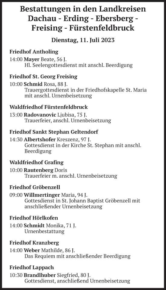 Todesanzeige von Bestattungen vom 11.07.2023 von merkurtz