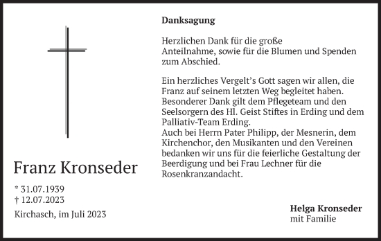 Todesanzeige von Franz Kronseder von merkurtz