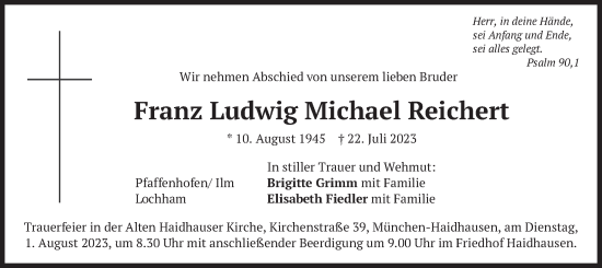 Todesanzeige von Franz Ludwig Michael Reichert von merkurtz