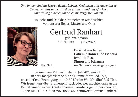 Todesanzeige von Gertrud Ranhart von merkurtz