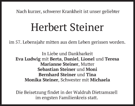 Todesanzeige von Herbert Steiner von merkurtz