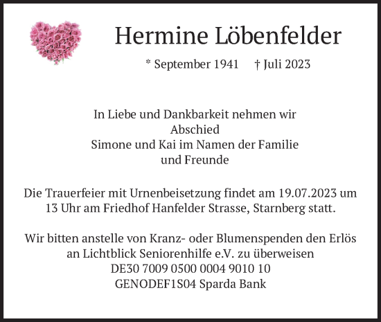 Todesanzeige von Hermine Löbenfelder von merkurtz