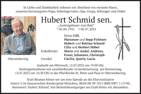 Todesanzeige von Hubert Schmid von merkurtz