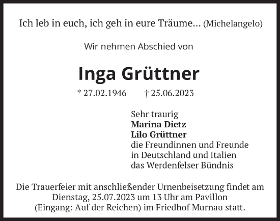 Todesanzeige von Inga Grüttner von merkurtz