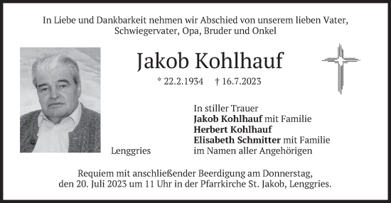 Todesanzeige von Jakob Kohlhauf von merkurtz