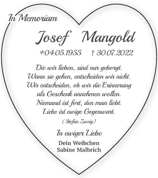 Todesanzeige von Josef Mangold von merkurtz