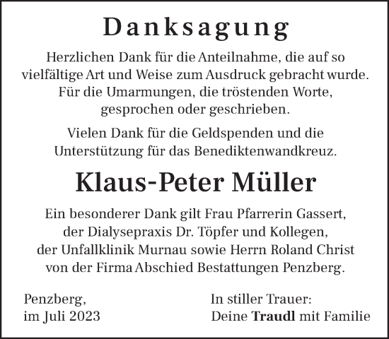 Todesanzeige von Klaus-Peter Müller von Das Gelbe Blatt Penzberg