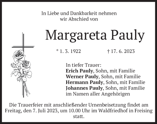 Todesanzeige von Margareta Pauly von merkurtz